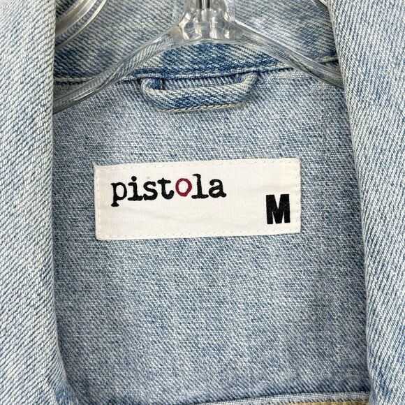 Pistola Cropped Denim Long Sleeve Jacket Raw Hem Size Medium Blue - Picture 13 of 16